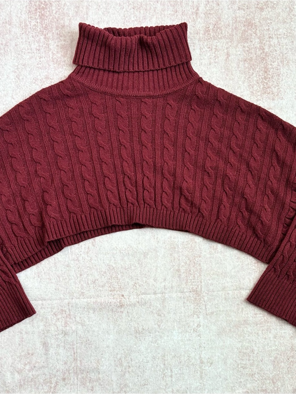 Size Medium Burgundy Cable Knit Turtleneck Super-Crop Open Sweater